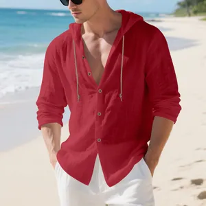 Lässiges rotes Leinenhemd für Herren mit Kapuze und langen Ärmeln für den Strandurlaub