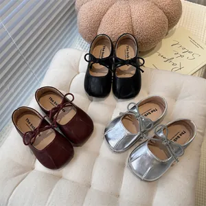 Elegant French style Mary Jane flats for girls in silver, black, and red soft leather