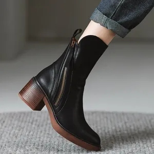 British style black ankle boots for women with brown chunky heel and side zipper