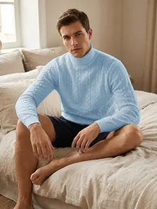 Stylish light blue cable-knit turtleneck sweater for men, autumn and winter style