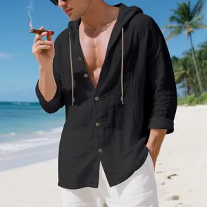Lässiges schwarzes Herren-Leinenhemd mit Kapuze und Knöpfen für den Strand-Lifestyle