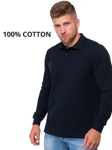 Men Long Sleeve Polo Shirt 100% Cotton Solid Color Turn-down Collar Business Casual Basic Breathable Polo Top Autumn Winter Men Clothing