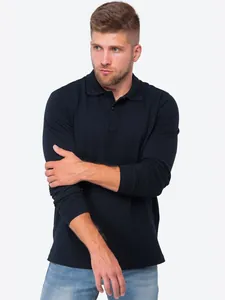 Detailed view of a men's classic black long-sleeve polo shirt with stylish lapel