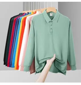 Detailed view of men's colorful solid long-sleeved Polo shirts showing multiple colors