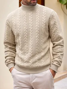 Men's beige turtleneck cable-knit sweater in a premium slim-fit outdoor casual style