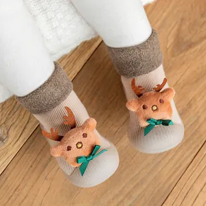 Warm fleece-lined baby Christmas reindeer walker socks shoes with non-slip rubber soles