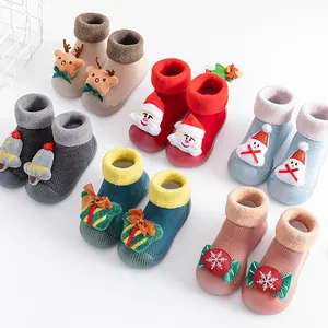 Christmas themed baby non-slip sock shoes with warm fleece lining and rubber soles