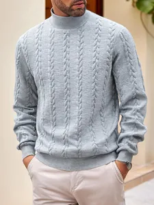 Men's light blue cable knit high neck sweater for autumn and winter outdoor casual wear