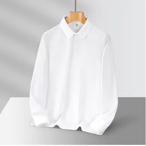 Detailed view of a classic white long-sleeved polo shirt with fold-over collar.