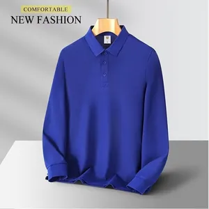 Premium royal blue long-sleeved men's polo shirt featuring a classic buttoned collar