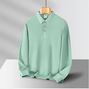 Mint green long-sleeve men's polo shirt with three-button collar and ribbed cuffs