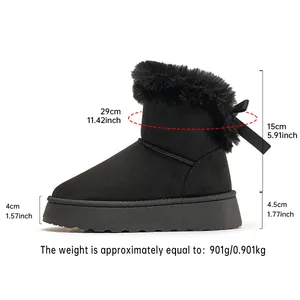 Medidas detalladas de botas de nieve con plataforma negras, pelo y lazo decorativo