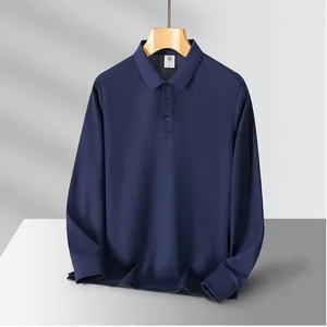 Close-up of a classic navy blue men's long-sleeve polo shirt with lapel collar.