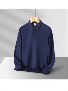 Men's classic navy blue long-sleeved Polo shirt with solid color design for casual wear
