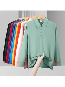 Men's solid long-sleeve polo shirts in multiple colors with turnover collar