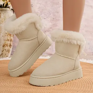 Elegantes botas de nieve de plataforma beige para mujer con ribete de piel y detalle de lazo