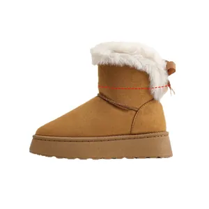 Botas de nieve con plataforma marrón para mujer con ribete de piel sintética blanca y lazo atrás