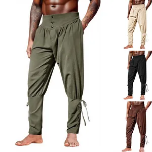 Men's retro pirate trousers featuring lace-up ankle detail shown in multiple color variants