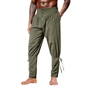 Detailed view of men's vintage pirate trousers featuring ankle lace-up closure