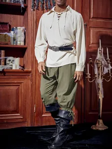 Men's vintage pirate-style tapered trousers with ankle ties in olive green