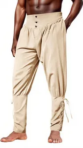 Detailed view of men's vintage pirate style trousers featuring lace-up ankle cuffs in beige