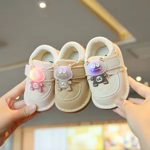 Baby First Walker Shoes LED Light Up Squeaky Soft Sole Cartoon Monster Quilted Synthetic Leather Velcro Sneakers For Toddler
