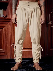 Detailed view of men's retro pirate pants with vintage lace-up ankle straps in beige color.