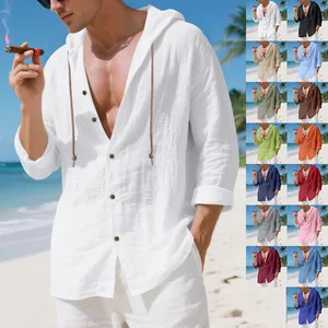 Herren Lockeres Leinenmischung Kapuzenhemd Langarm Knopfleiste Sommer Strand Casual Hawaii Einfarbig Strickjacke Fashion Top