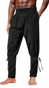 Close-up of men's retro pirate pants featuring a high waist and lace-up ankle details.