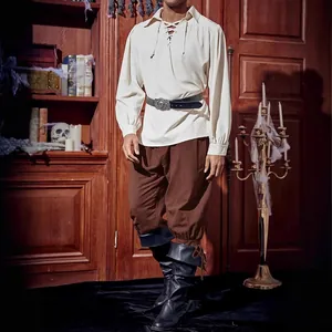 Vintage medieval pirate trousers for men with lace-up ankle straps in earthy brown