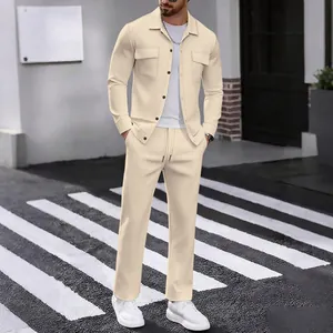 Full view of men's beige casual corduroy set with double pocket shirt and matching pants.