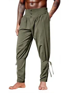 Men Retro Pirate Trousers Hemp Blend Lace-up Ankle Tapered Pants Vintage Gothic Viking Renaissance Harem Casual Pants