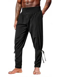 Men's vintage black pirate trousers with lace-up ankle cuffs and loose fit