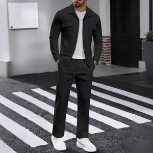 Men's black casual corduroy two-piece set with long sleeve shirt and pants