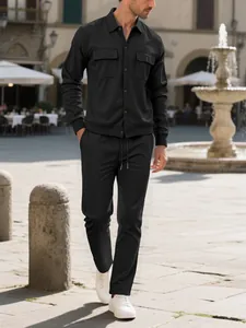 Men's casual black corduroy two-piece set with dual breast pockets and button-down shirt