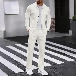 Close-up full body shot of men's white corduroy casual set featuring double pocket jacket