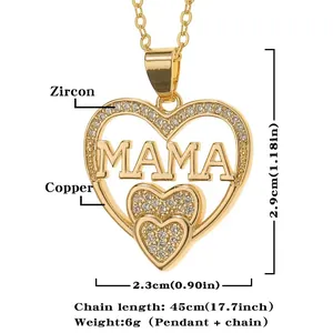 Detailed measurements and materials of heart MAMA necklace in 18k gold finish