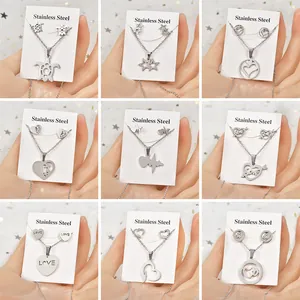 Vintage Stainless Steel Heart Star Turtle Jewelry Pendant Necklace Earrings Geometric Hollow Out Trendy Accessories For Women