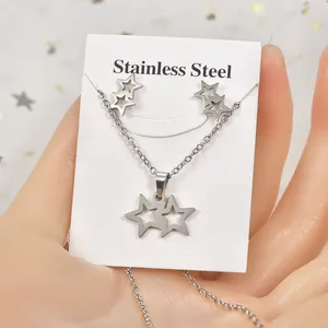 Stainless steel jewelry set featuring hollow star necklace and matching stud earrings