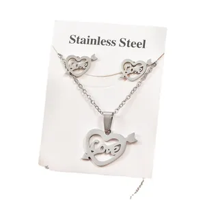 Premium stainless steel heart jewelry set featuring Love script arrow necklace and earrings
