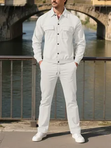 Full view of white men's corduroy two-piece set with button-down shirt and matching trousers