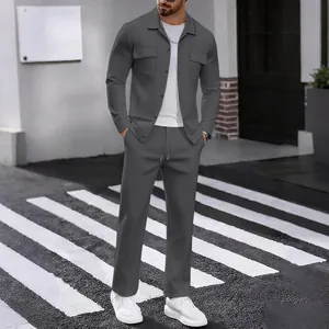 Detail view of the grey corduroy fabric on this men's casual shirt and pants set.