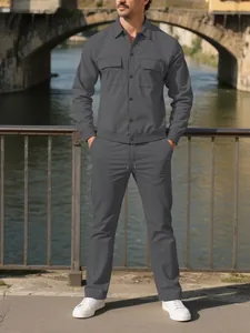 Modern dark grey men's corduroy two-piece set featuring a button-up jacket and matching pants