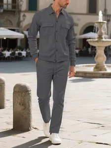 Casual grey corduroy set for men featuring a button-down shirt and matching trousers.