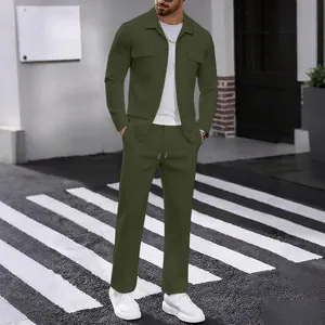 Full-length detailed view of men's olive green corduroy two-piece set with lapel collar