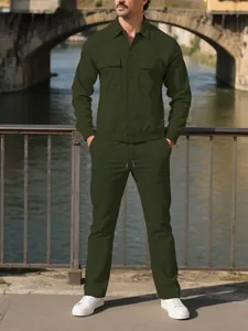 Men's dark olive green corduroy set featuring a button-down shirt and matching pants