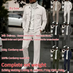 Men's solid color corduroy leisure two-piece set with double pockets and buttons