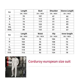 Men's casual corduroy suit set size chart with measurements for top and pants
