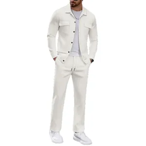 Casual white corduroy two-piece set for men featuring a button-down shirt and matching trousers