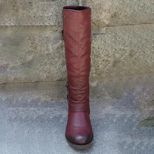 Vintage wine red long knight boots featuring stylish side belt buckles and round toe design